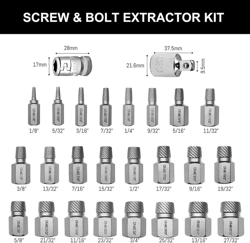 NORTOOLS 26PCS CR-MO Screw Extractor Set,Hex-Head Multi-Spline Screw Easy-out Screw Extraction Set 3/8" Inch Drive Hex-Head, Broken Bolt Remover, Stripped Fastener Tool for Stripped, Rounded, Damaged - Image 2